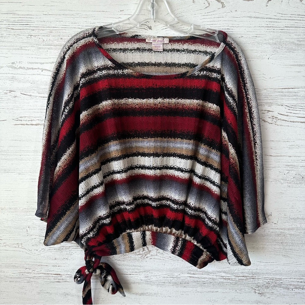 VINTAGE 90s WET SEAL Striped Poncho Side Tie Open Knit Sweater Top M Made in USA